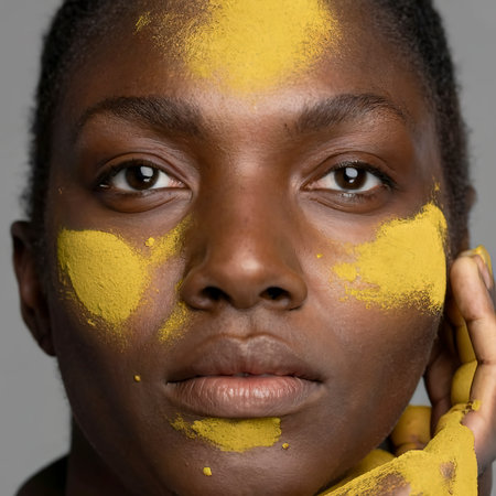 Close up black woman with yellow powderの素材