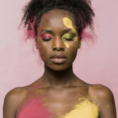 Black woman posing with pink and yellow powderの素材