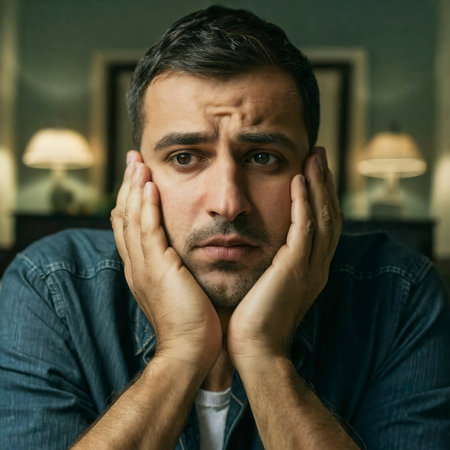 Depressed man with palms on his cheeks is thinkingの素材