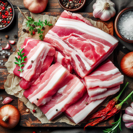 Closeup top view pieces fresh raw meat of pork belly with white fat and red pink meatの素材