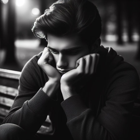 Depressed man with palms on his cheeks is thinkingの素材