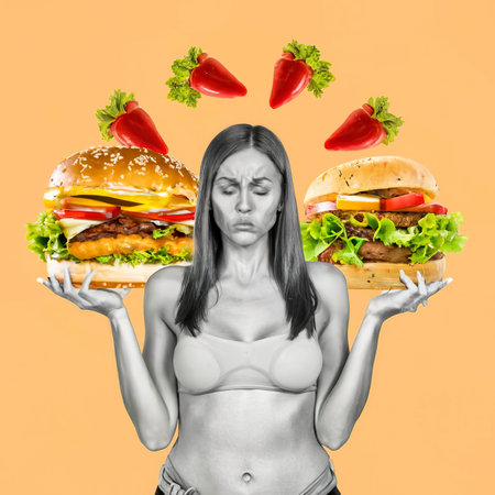 Contemprorary collage art. Woman and calories problem. Diet, fast food conceptの素材
