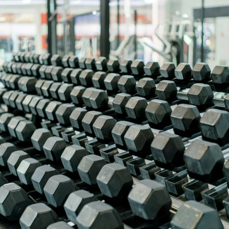 Black dumbbell set. Close up many rubberized dumbbells on rack in sport fitness centerの素材
