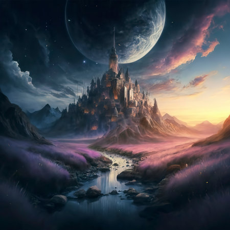 Magical and mystical landscape wallpaper in purple tonesの素材