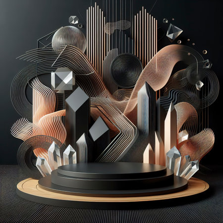 Abstract black and wooden stage podium Platform for product display showcase with crystalの素材