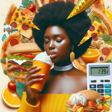 Contemporary collage art. Woman and calories problem. Diet, fast food conceptの素材