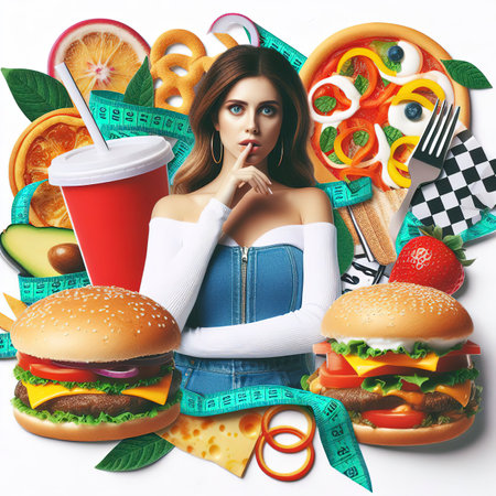 Contemporary collage art. Woman and calories problem. Diet, fast food conceptの素材