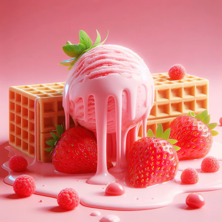 Strawberry ice cream melting on pink wafer background. 3d rendering pictureの素材