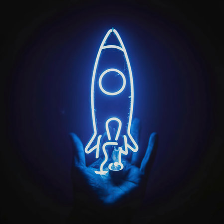 Hand blue neon light rocketの素材