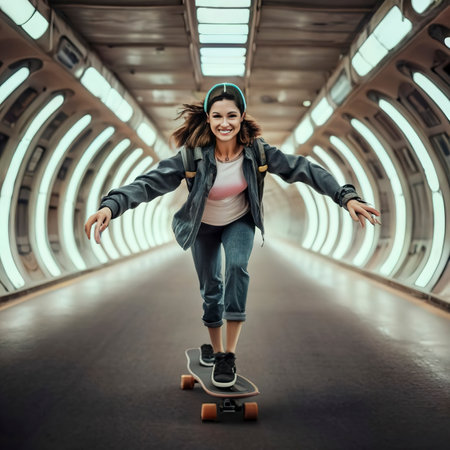 Happy woman on a skateboard in a tunnel virtual space. Metaverse sports conceptの素材