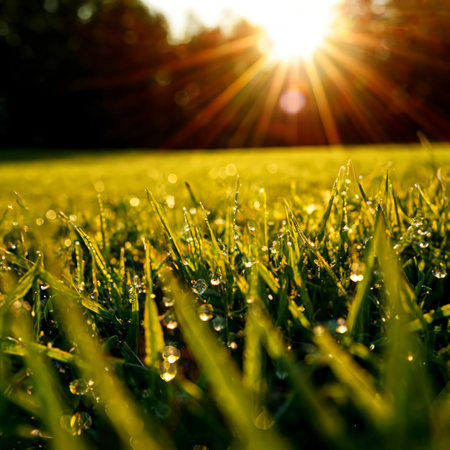 early morning grass dew on back yard lawnの素材