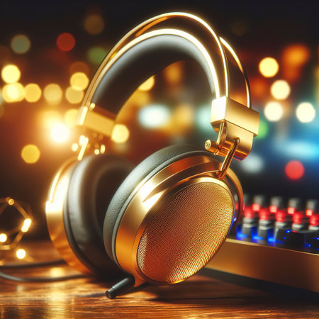 Golden gamer headset gamer concept bokeh backgroundの素材
