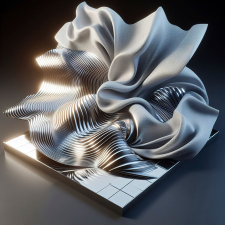 a piece of cloth fluttering reflective ceramic wavy reflecting surface shining 3d illustrationの素材