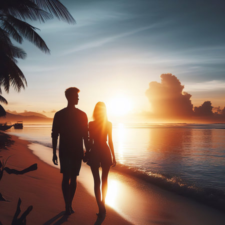 a silhouette of a young couple taking a walk along the beach at sunrise travel destination vacationの素材