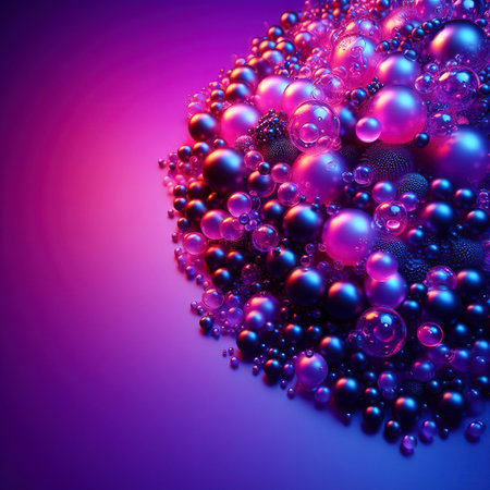 Abstract glass drops beads on a neon purple background, copy spaceの素材
