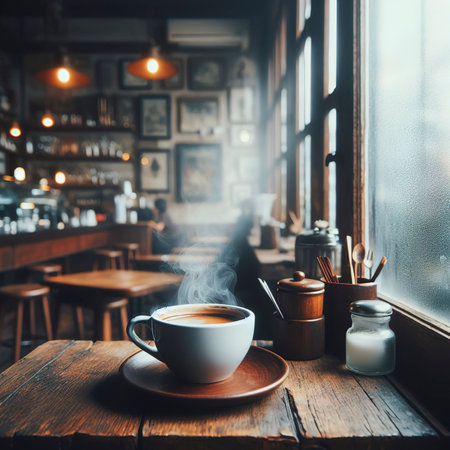 A view through the window glass of a hot coffee cup on an old wooden table in a cafeの素材