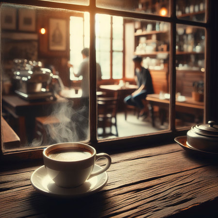 A view through the window glass of a hot coffee cup on an old wooden table in a cafeの素材