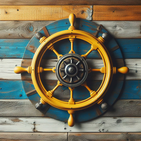 An old yellow steering wheel hanging on a wooden wall painted blue and white as a backgroundの素材