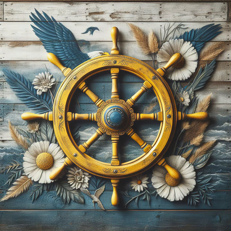 An old yellow steering wheel hanging on a wooden wall painted blue and white as a backgroundの素材