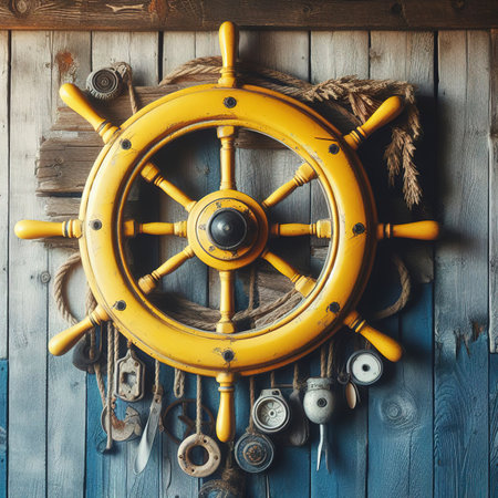 An old yellow steering wheel hanging on a wooden wall painted blue and white as a backgroundの素材