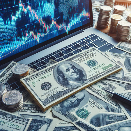 Banknotes on keyboard compute with market price chart backgroundの素材