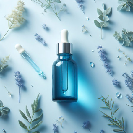 Blue glass dropper serum bottle on white backgroundの素材