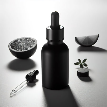 Black glass dropper serum bottle on white backgroundの素材