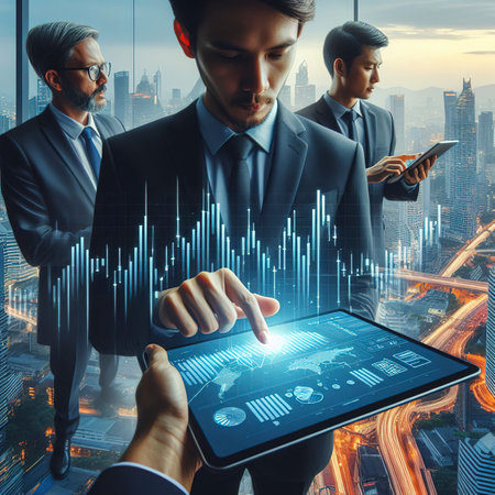 Business people checking stock market on tablet and analysing financial data on a screen with graphの素材