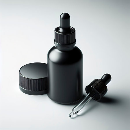 Black glass dropper serum bottle on white backgroundの素材