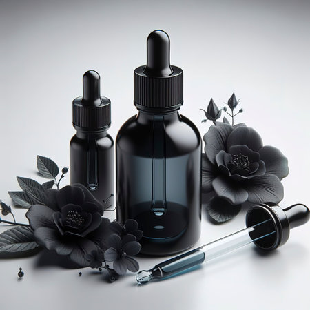 Black glass dropper serum bottle on white backgroundの素材