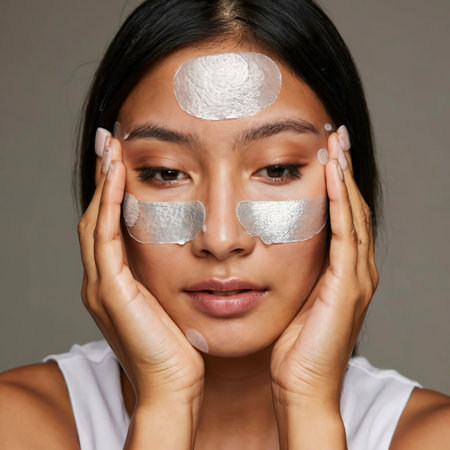 Asian female model keeps hands on face closes eyes applies silver patches under eyes has healthy skin wellの素材