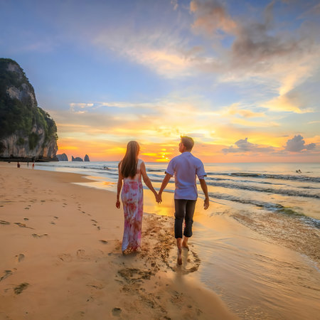 a couple is walking on the sandy beach in aonang thailand at sunsetの素材
