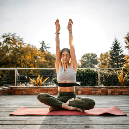Young slim brunette woman in a sporty uniform doing yoga on the terrace of a house by the gardenの素材