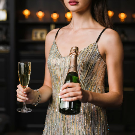 Partial view of young woman in dress holding champagne bottle and glassの素材