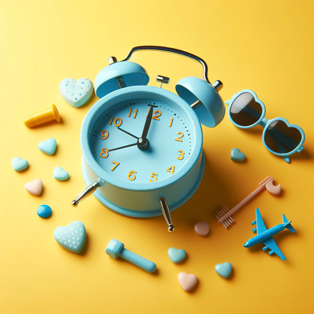 Blue alarm clock. Blue alarm clock on a yellow background. Time conceptの素材