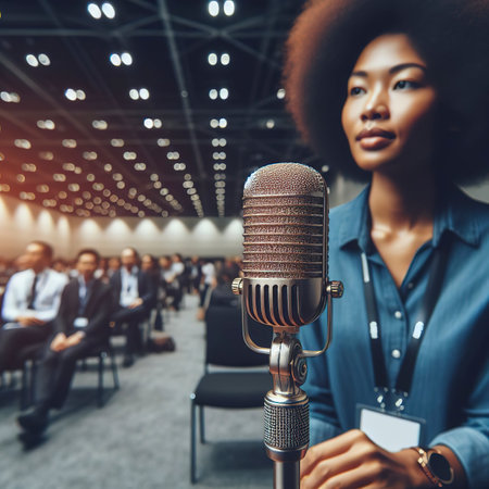 Close up of old vintage style podcast microphone in convention hall and blurry people backgroundの素材