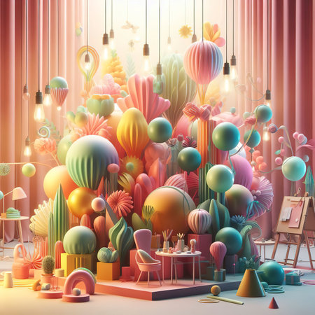 Creative image of colorful balloons floating in the studioの素材