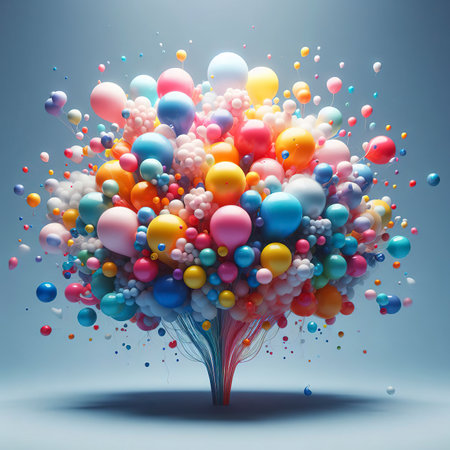 Creative image of colorful balloons floating in the studioの素材