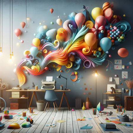 Creative image of colorful balloons floating in the studioの素材