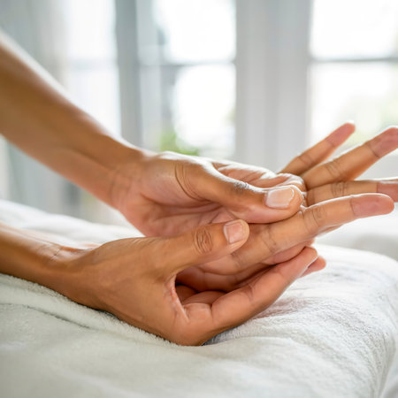 Hand spa massage over clean white bed background - people relax with hand massage serviceの素材