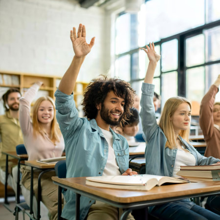 Group of student and raising one hand in classroomの素材