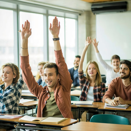 Group of student and raising one hand in classroomの素材