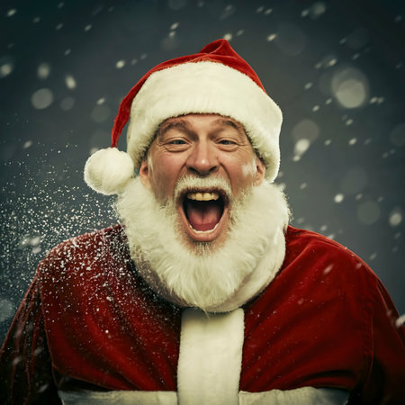 Portrait of santa claus screaming happy while snow fallsの素材