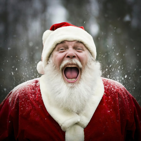 Portrait of santa claus screaming happy while snow fallsの素材