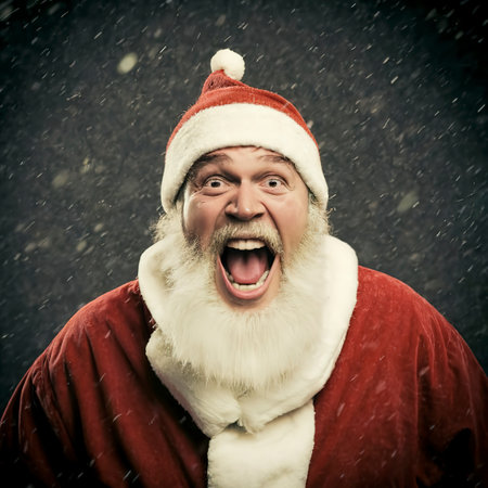 Portrait of santa claus screaming happy while snow fallsの素材