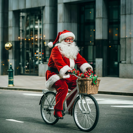 Santa Claus riding a bike down the street delivering presents for Christmasの素材