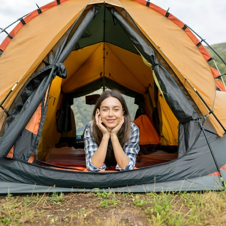 Tourist woman resting in camping tent. People and lifestyles concept. Holiday and Vacation themeの素材