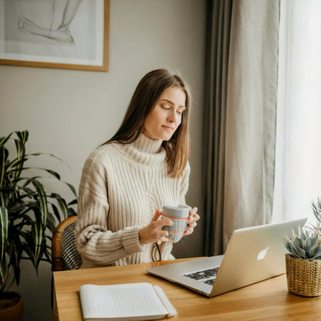 Woman doing daily activities in minimal decorated roomの素材