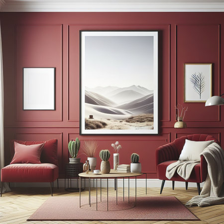 Blank picture frame mock up in red color room interior 3d renderingの素材