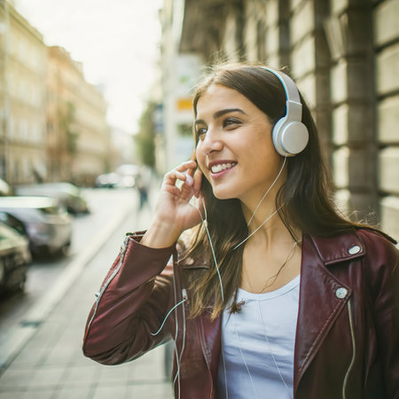 Beautiful happy young woman with headphones listening to musicの素材